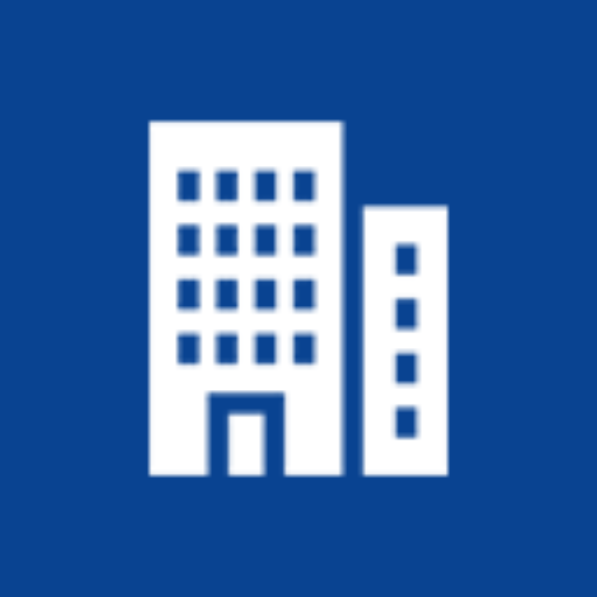 Un icono blanco de un edificio sobre un fondo azul.