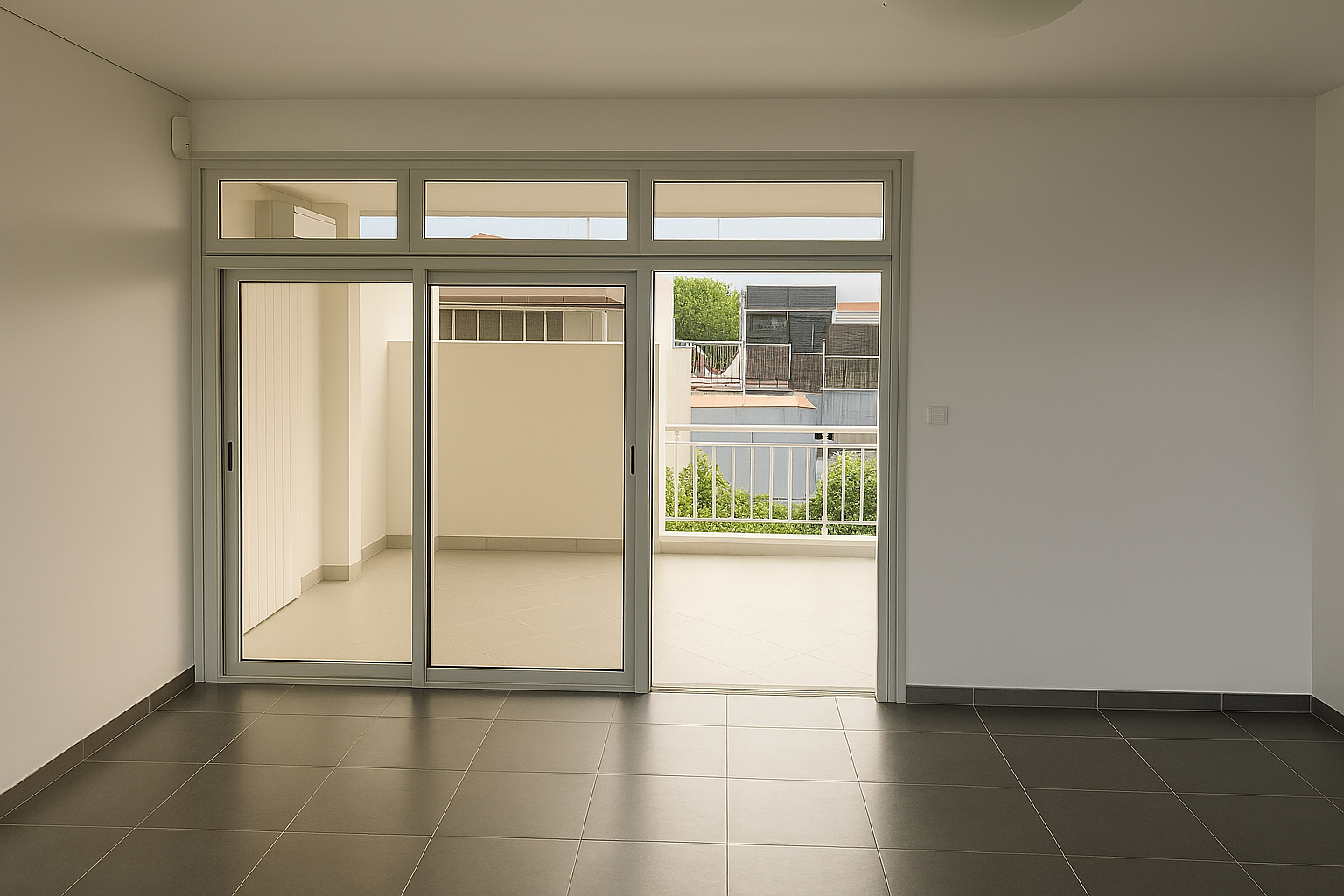 Une pièce vide au sol carrelé foncé et aux murs blancs, donnant sur un balcon par de grandes portes coulissantes en verre.