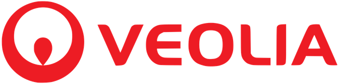 Un logotipo rojo y blanco para Veolia sobre un fondo blanco.