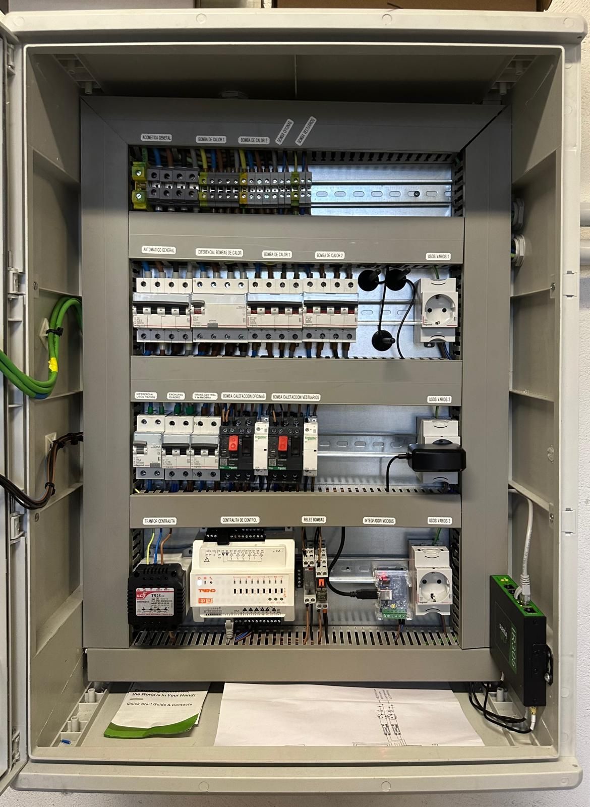 Panel de control eléctrico con varios componentes dentro de un gabinete gris.