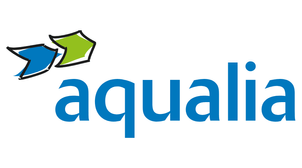 Un logotipo de Aqualia azul y verde sobre un fondo blanco.