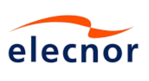 Un logotipo azul y naranja de Elecnor sobre un fondo blanco.