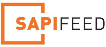 El logotipo de sapifeed es naranja y negro sobre un fondo blanco.