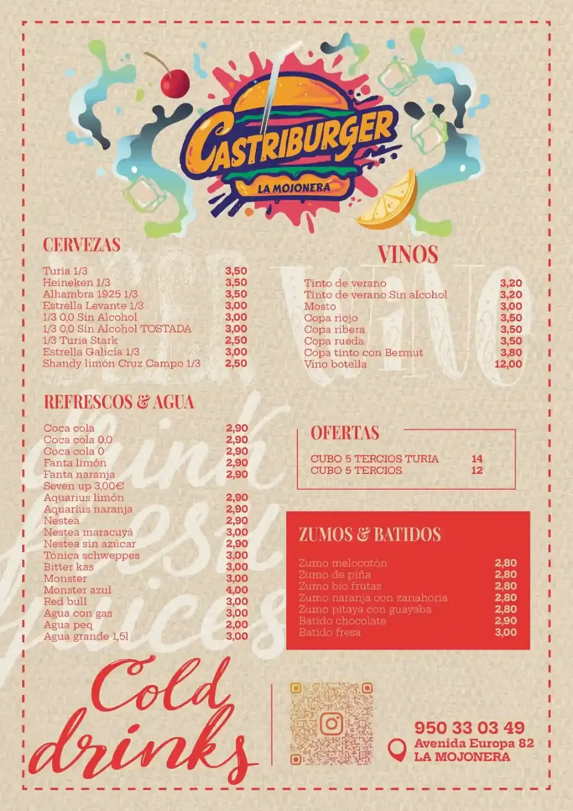 Menú de CastriBurger, con secciones para cervezas, vinos, refrescos, hamburguesas y cócteles.