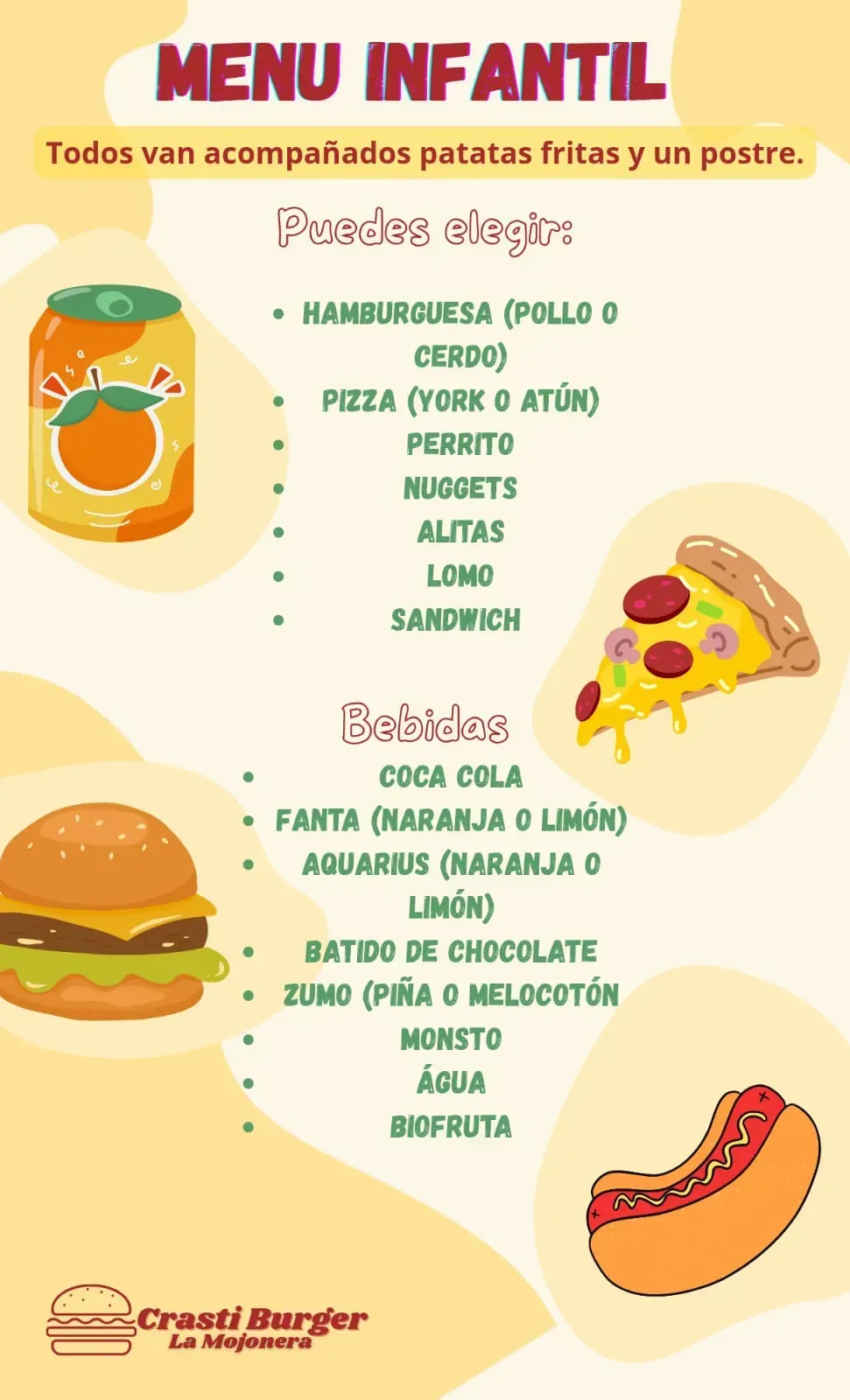 Menú infantil de Craat! Burger. Incluye hamburguesa, pizza, hot dog, bebidas y guarniciones.