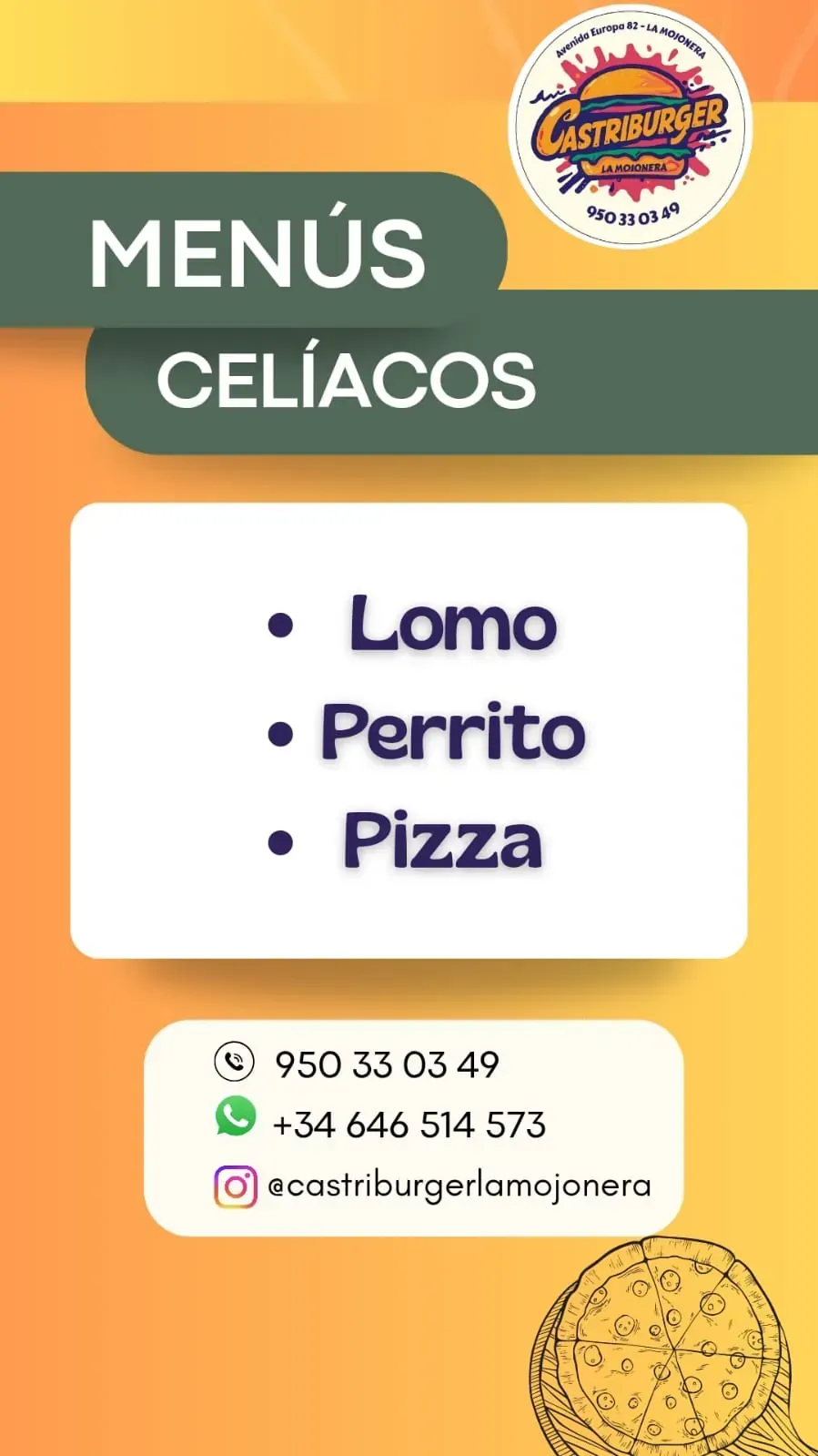 Menú para celíacos en un restaurante: Lomo, Perrito, Pizza. Información de contacto incluida.