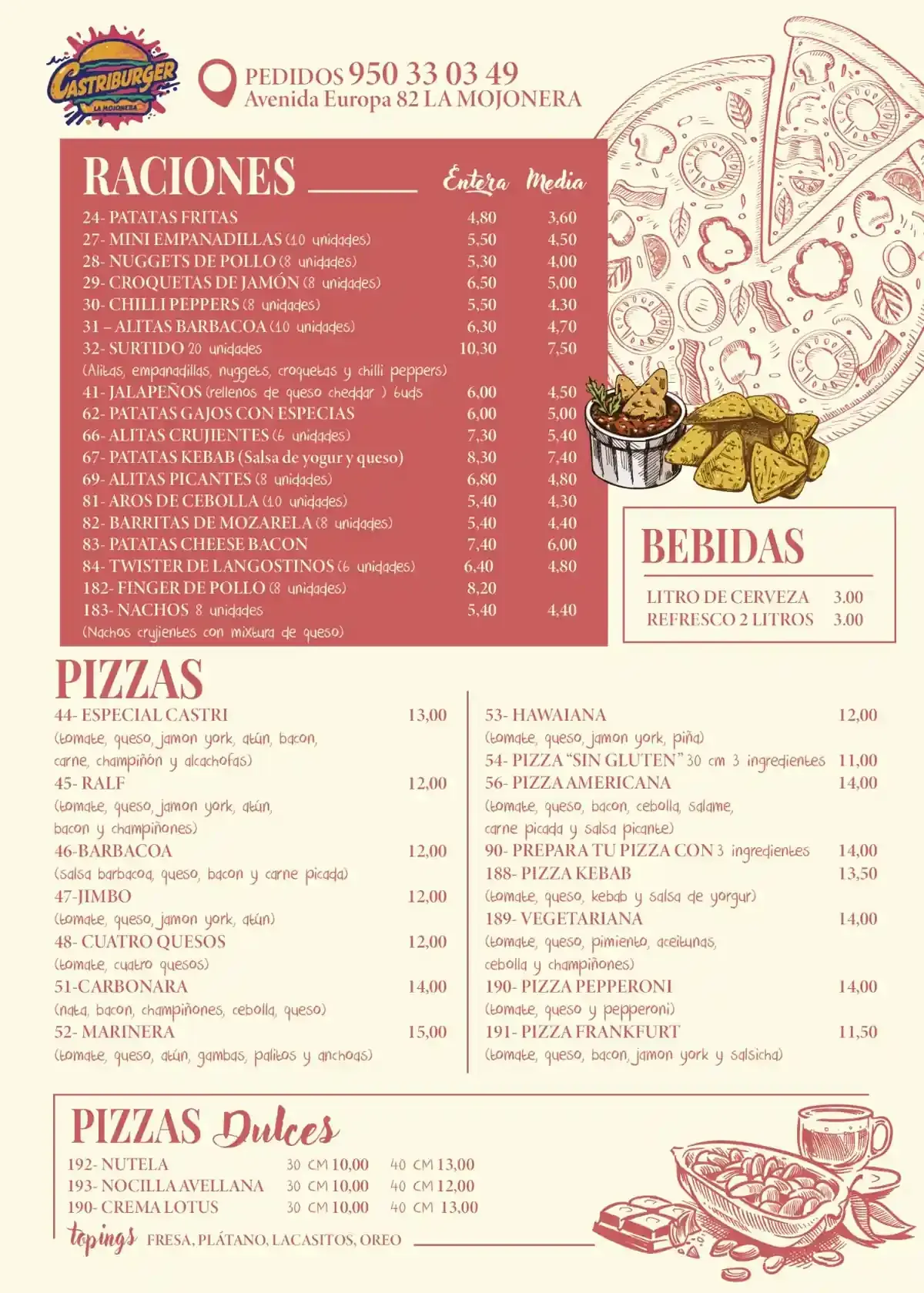 Menu with food categories: Raciones, Pizzas, Pizzas Dulces, and Bebidas. Includes pizza illustration.