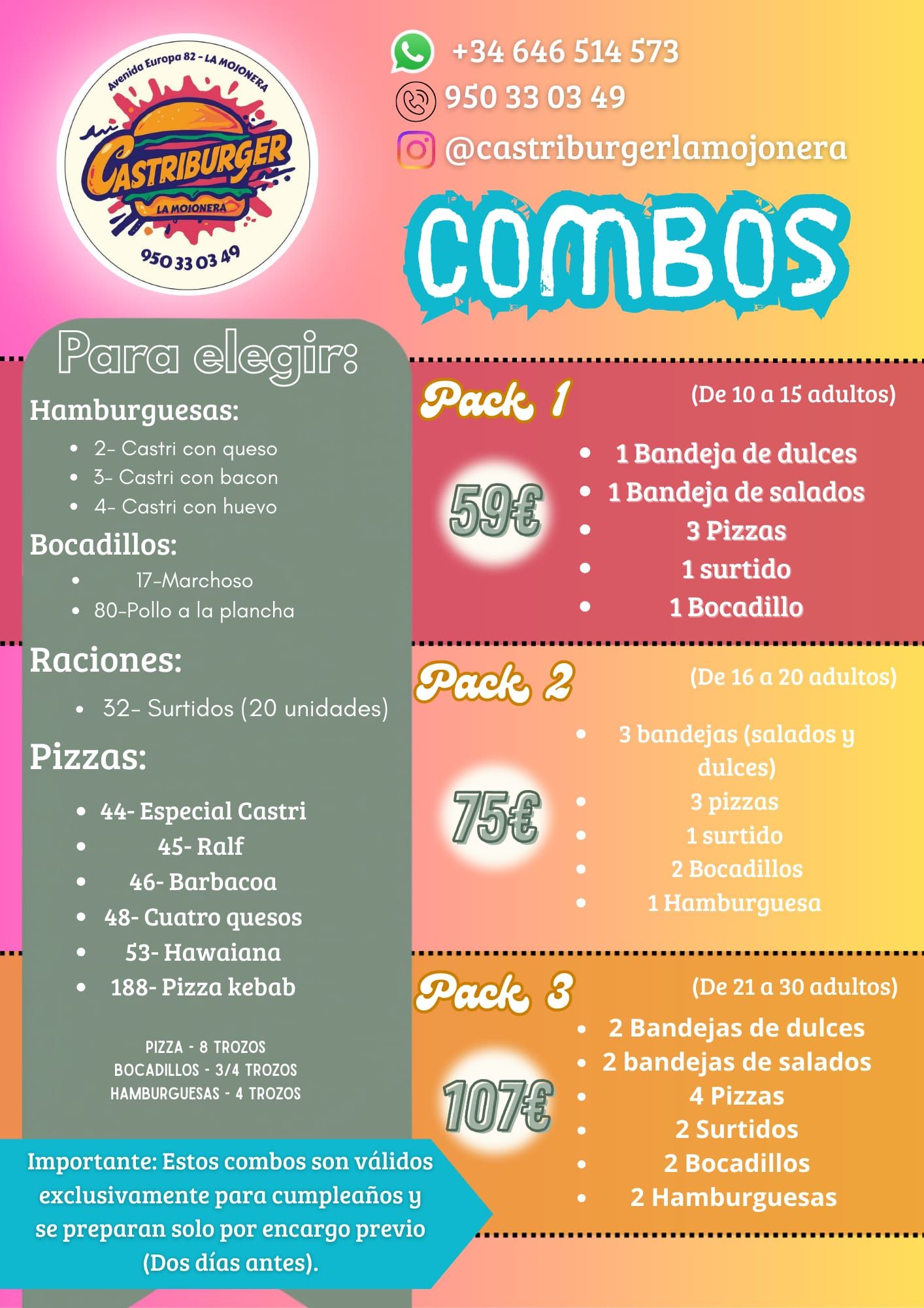 Menú infantil de Craat! Burger. Incluye hamburguesa, pizza, hot dog, bebidas y guarniciones.