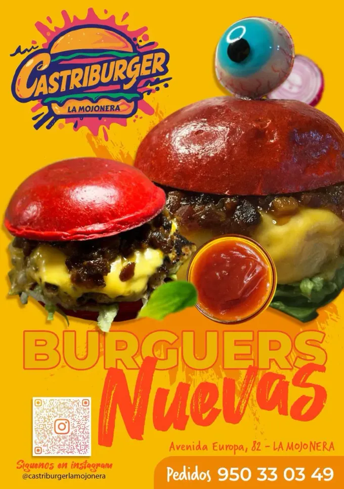 Anuncio de color naranja brillante de Castiburgers con dos hamburguesas, un ojo de dibujos animados en la parte superior y el texto "Burgers Nuevos".