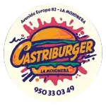 Logotipo de Castriburger: Gr&aacute;fico de hamburguesa con texto, "Castriburger", "La Mojonera" y n&uacute;mero de tel&eacute;fono.