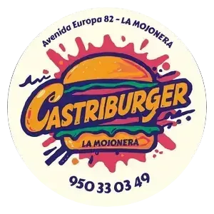 Logotipo de Castriburger: Gr&aacute;fico de hamburguesa con texto, "Castriburger", "La Mojonera" y n&uacute;mero de tel&eacute;fono.