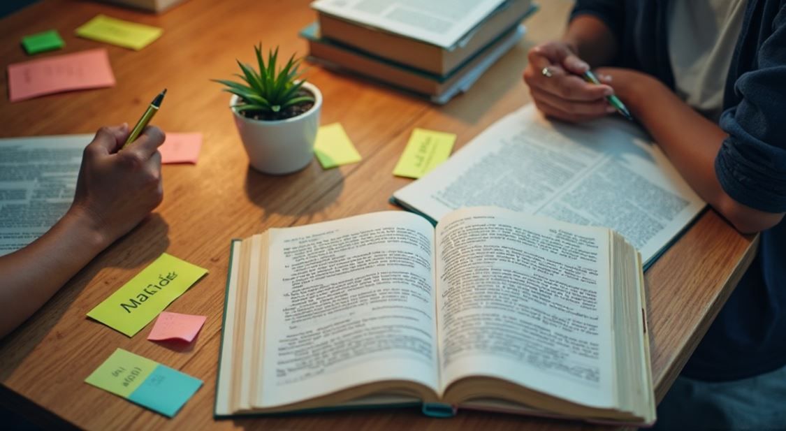 Dos personas estudiando en una mesa de madera con libros abiertos, notas adhesivas y una pequeña planta.