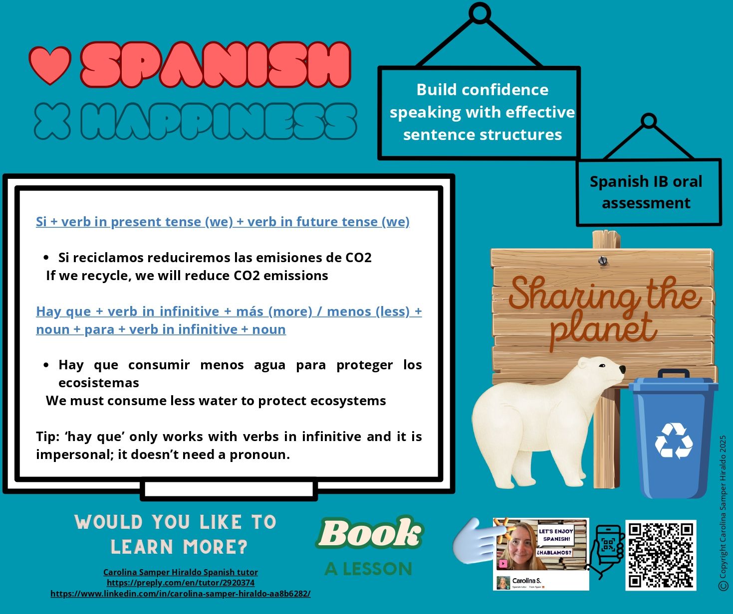 Promotional graphic: Spanish lesson on happiness, oral assessment, includes a description prompt and images.