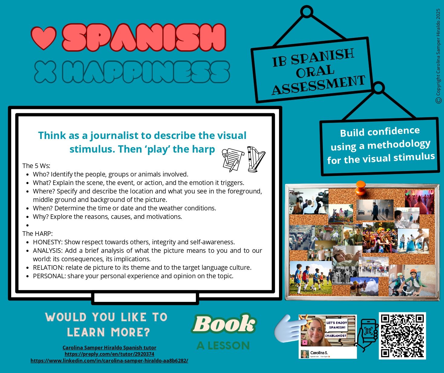 Spanish lesson poster: Simple sentences, environmental theme, polar bear, recycling bin, book a lesson QR code.