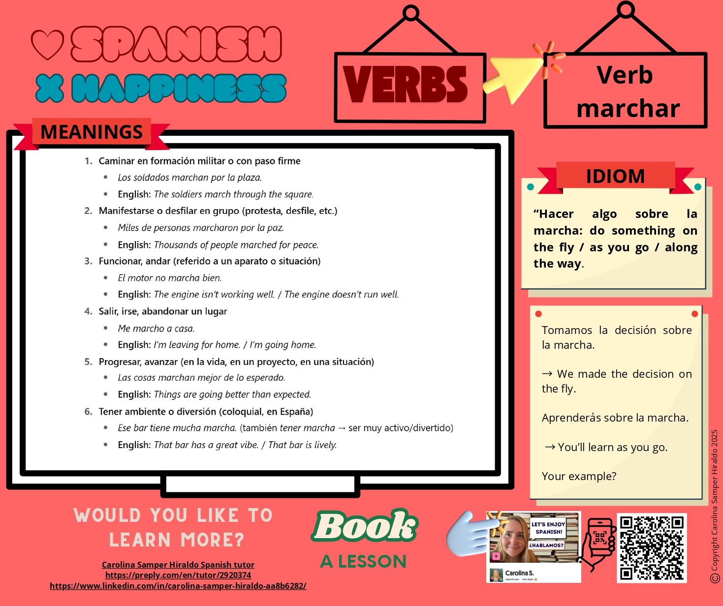 Spanish lesson poster: Simple sentences, environmental theme, polar bear, recycling bin, book a lesson QR code.