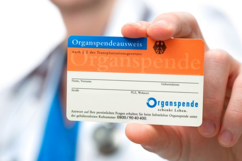 Eine Person hält eine Karte mit der Aufschrift „Organspende“