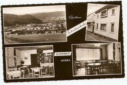 Schwarz-Weiß-Fotos von Wanfried, Deutschland: eine Stadtansicht, ein Gebäude mit der Aufschrift „Gasthaus Schwalbenkehle“ und zwei Innenansichten eines Restaurants.