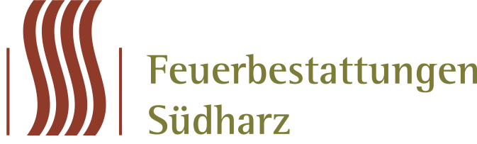 Logo for Feuerbestattungen Südharz. Brown stylized flames next to text in green: 