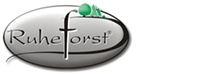 Logo für Ruheforst, mit einem grauen Oval und dem Firmennamen.