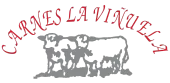 Texto rojo "CARNES LA VI&Ntilde;UELA" sobre un logotipo de vaca gris sobre fondo blanco