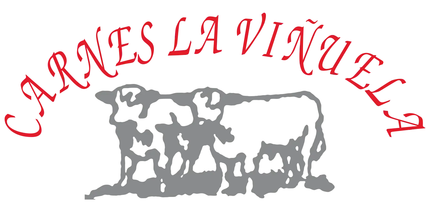 Texto rojo "CARNES LA VI&Ntilde;UELA" sobre un logotipo de vaca gris sobre fondo blanco