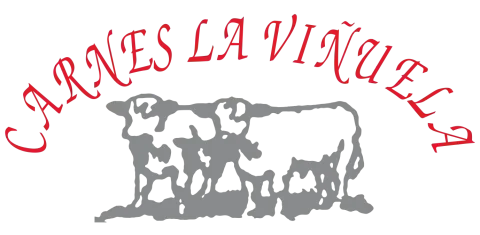Texto rojo "CARNES LA VI&Ntilde;UELA" sobre un logotipo de vaca gris sobre fondo blanco