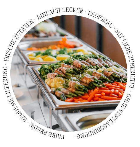 Catering-Buffet mit frischen Zutaten: „Frische Zutaten, köstlich, regional, liebevoll zubereitet, faire Preise.“