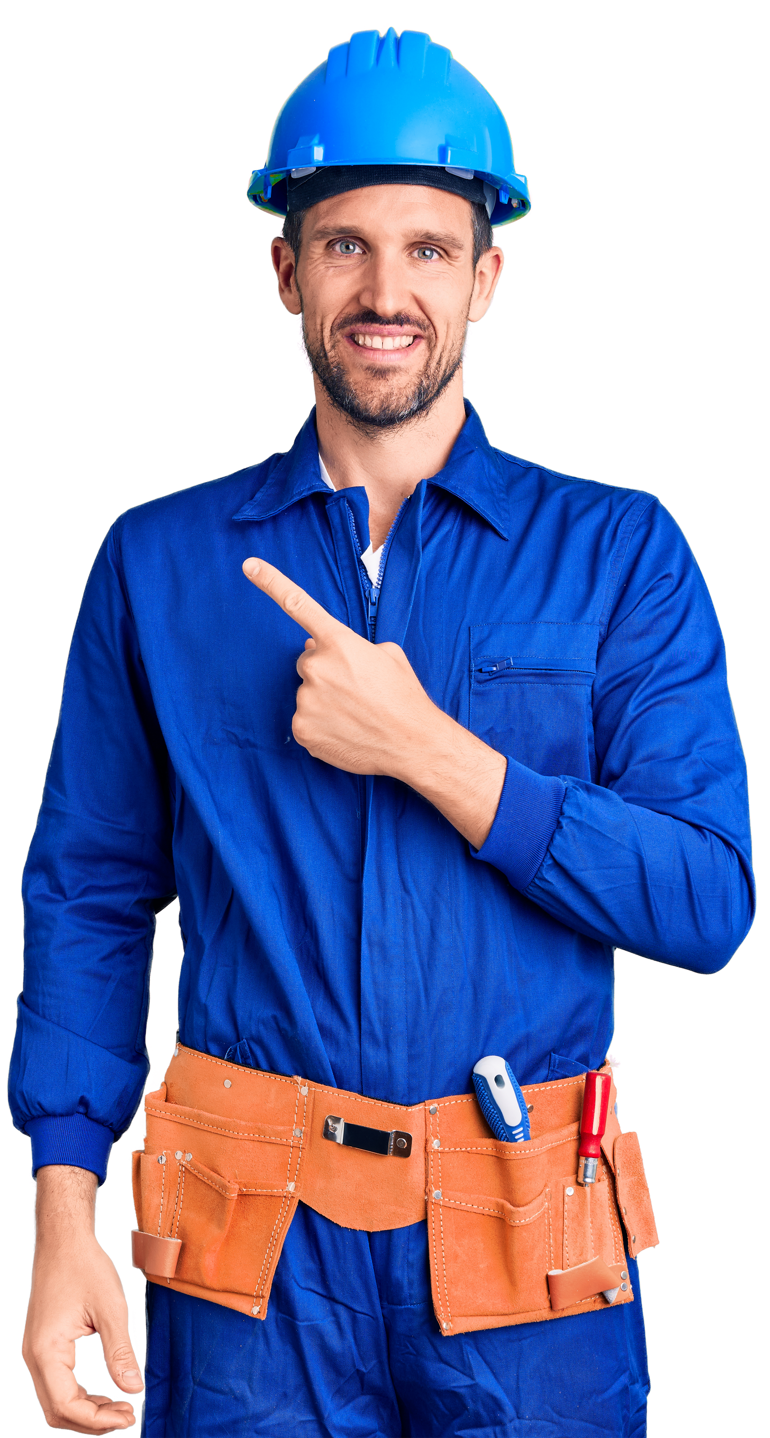 Professionnel en bleu de travail qui pointe son doigt vers la droite