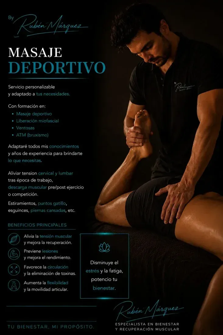 Póster promocional de masaje deportivo con un terapeuta masajeando la pierna de un cliente sobre un fondo oscuro