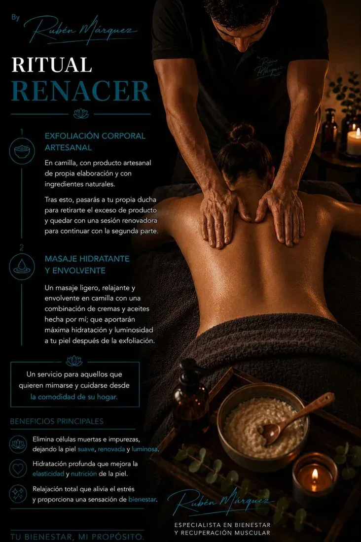 Anuncio de spa para «Ritual Renacer» que muestra un masaje de espalda con velas, luz cálida y un cuenco de hierbas