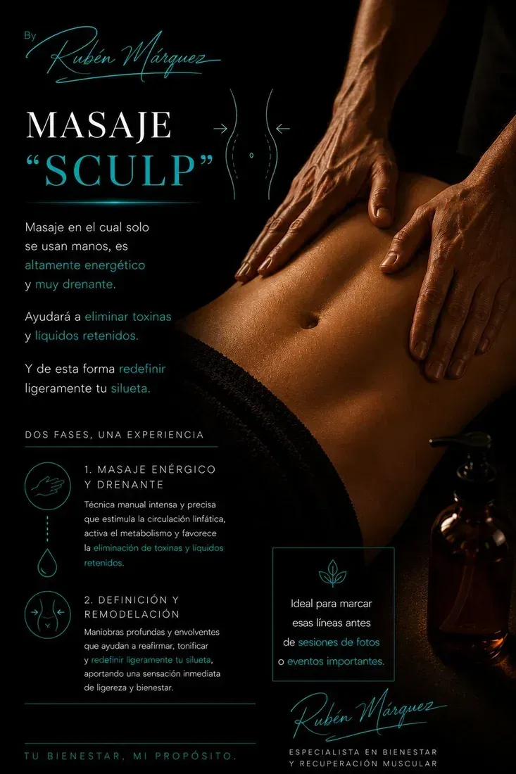 Anuncio de spa de masaje “Sculp”, con unas manos masajeando la espalda de un cliente sobre un fondo oscuro