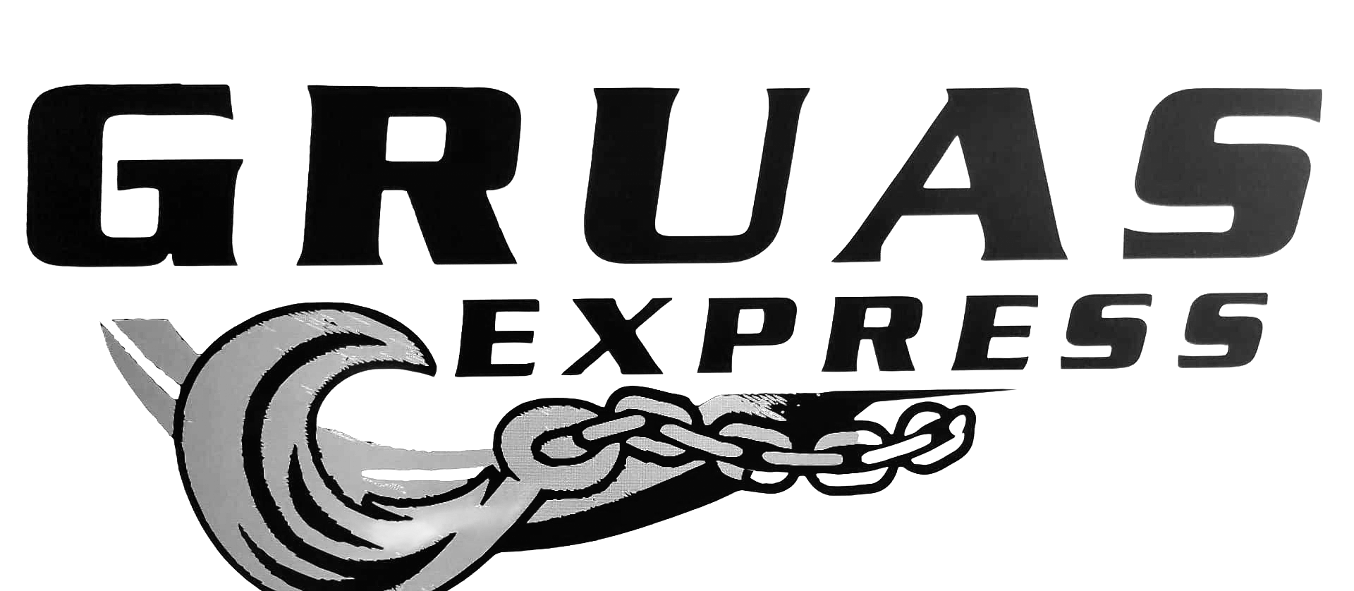 Logotipo de Gruas Express, con texto en negrita sobre un gancho y una cadena grises estilizados sobre un fondo blanco.