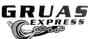 Logotipo de Gruas Express, con texto en negrita sobre un gancho y una cadena grises estilizados sobre un fondo blanco.