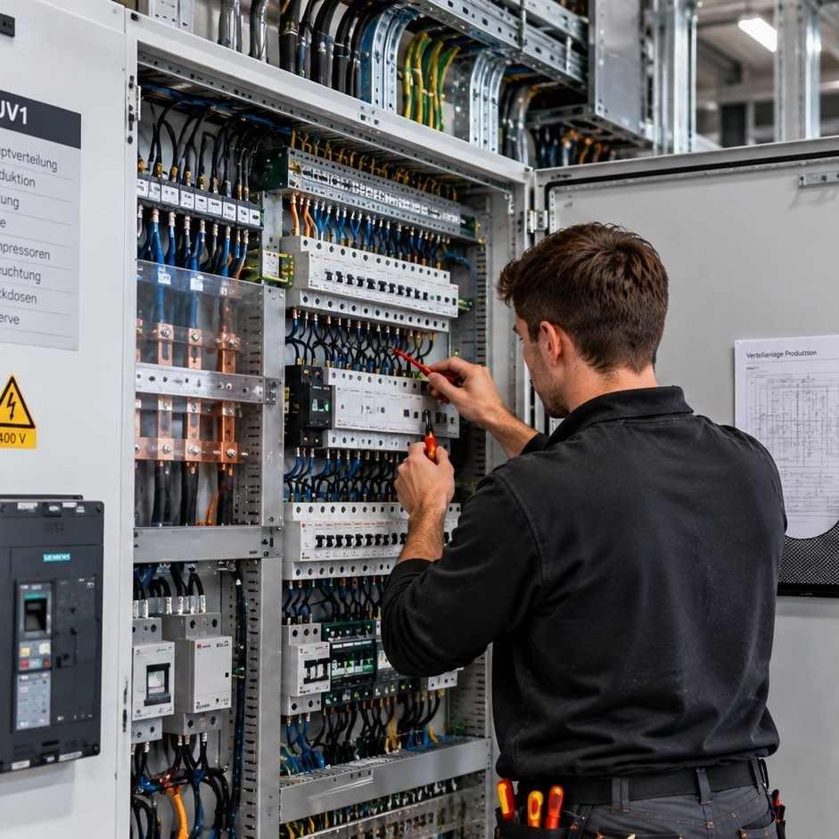 Elektriker bei Arbeiten an einer Industrie-Verteilanlage – Gysin-Debrunner AG