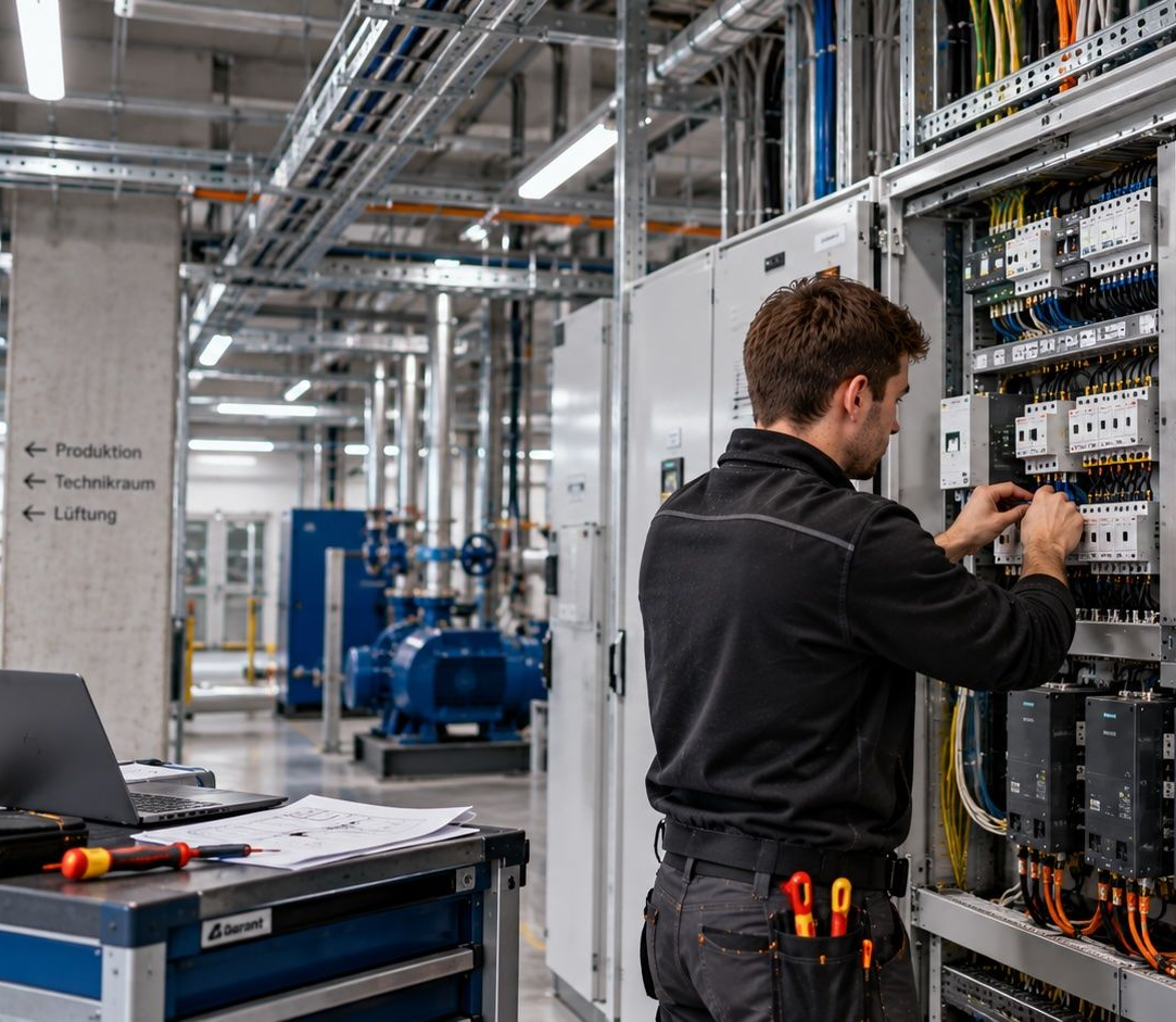 Elektroinstallation mit Schaltanlagen und Kabeltrassen in einem Industriebetrieb