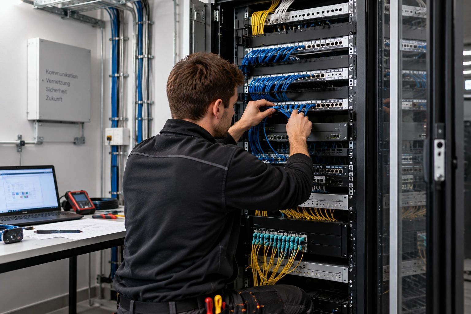 Techniker bei Installation eines Netzwerkschranks mit LAN und Glasfaser – Gysin-Debrunner AG