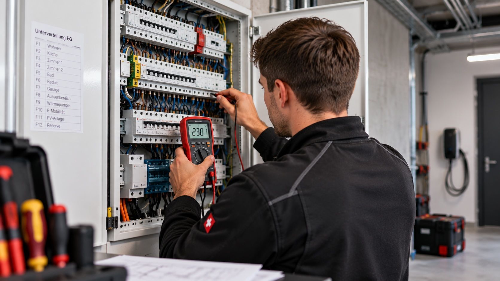 Elektriker bei Fehlersuche an einer Elektroverteilung – Gysin-Debrunner AG