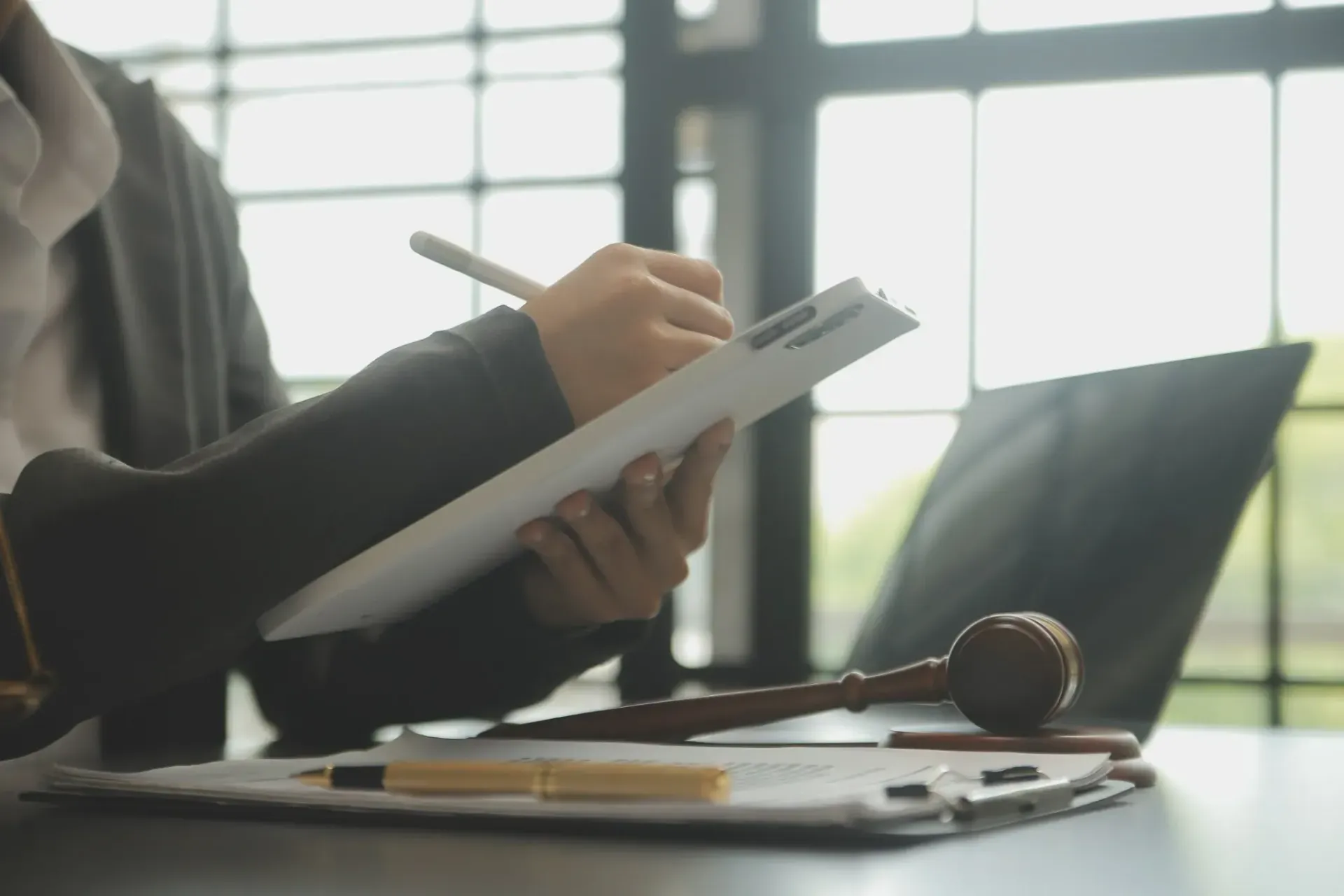 Persona escribiendo en un documento con un bolígrafo, un mazo y una computadora portátil sobre un escritorio en una oficina.