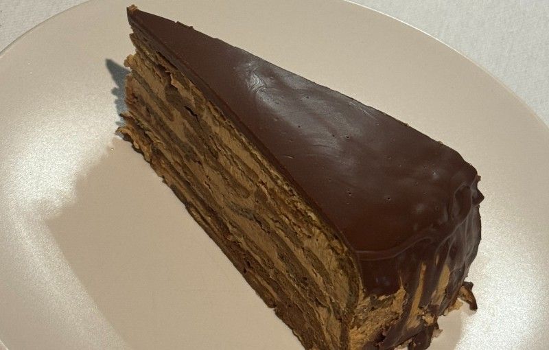 Rebanada de pastel de chocolate en capas con glaseado de chocolate negro en un plato blanco.