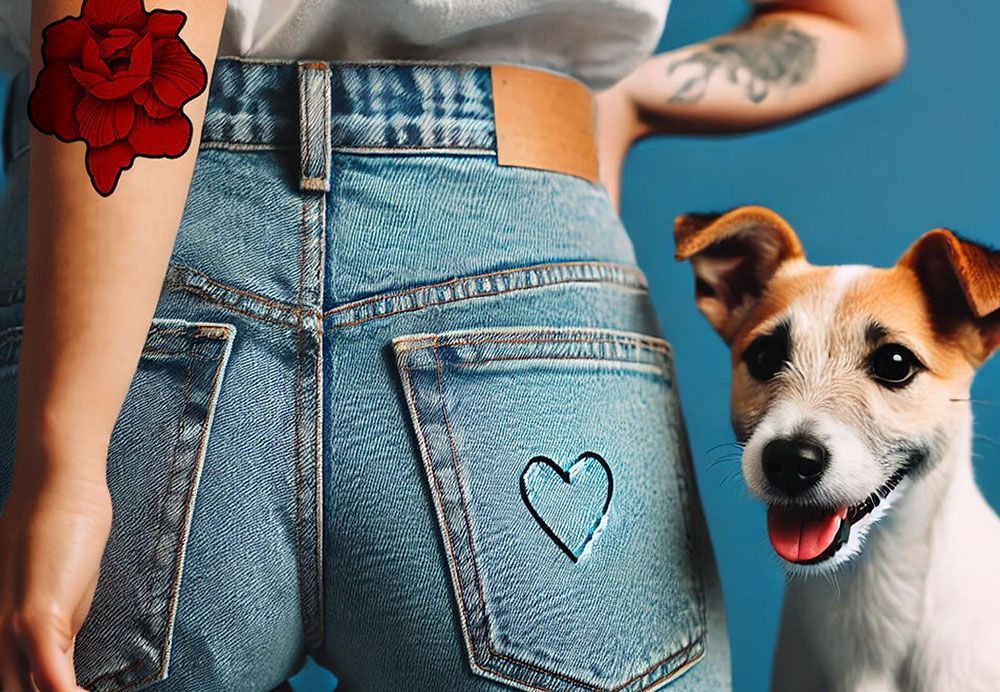 Eine Frau mit einer Tätowierung auf dem Arm steht neben einem Hund.