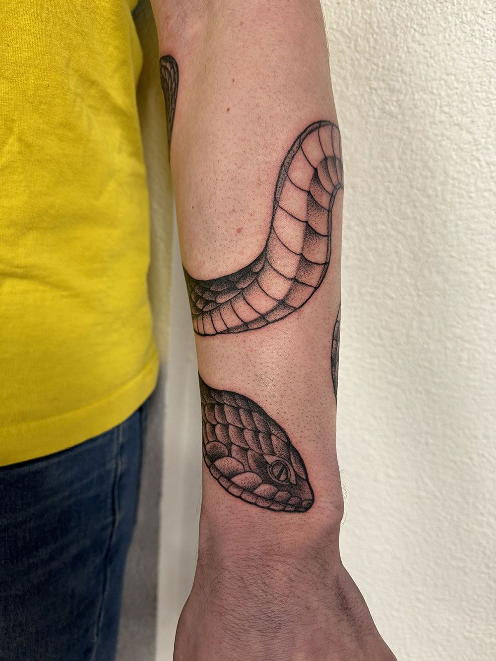 Eine Person hat eine Schlangentätowierung auf dem Arm.