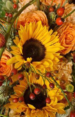 Blumenautomat. Schild mit der Aufschrift „24h-Blumenautomat“. Aussenansicht mit Blumenschmuck, Holzhintergrund.