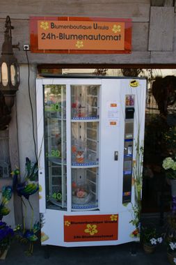 Blumenautomat. Schild mit der Aufschrift „24h-Blumenautomat“. Aussenansicht mit Blumenschmuck, Holzhintergrund.