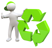 Ein 3D-Mann hält ein grünes Recycling-Symbol und zeigt den Daumen nach oben.