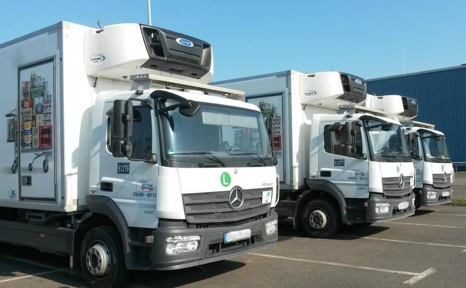 Weiße Kühlwagen parken in einer Reihe, im Hintergrund ist blauer Himmel zu sehen.