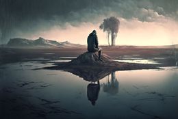 Una persona con abrigo oscuro se sienta sola, reflejada en el agua, bajo un cielo tormentoso en un paisaje desolado.