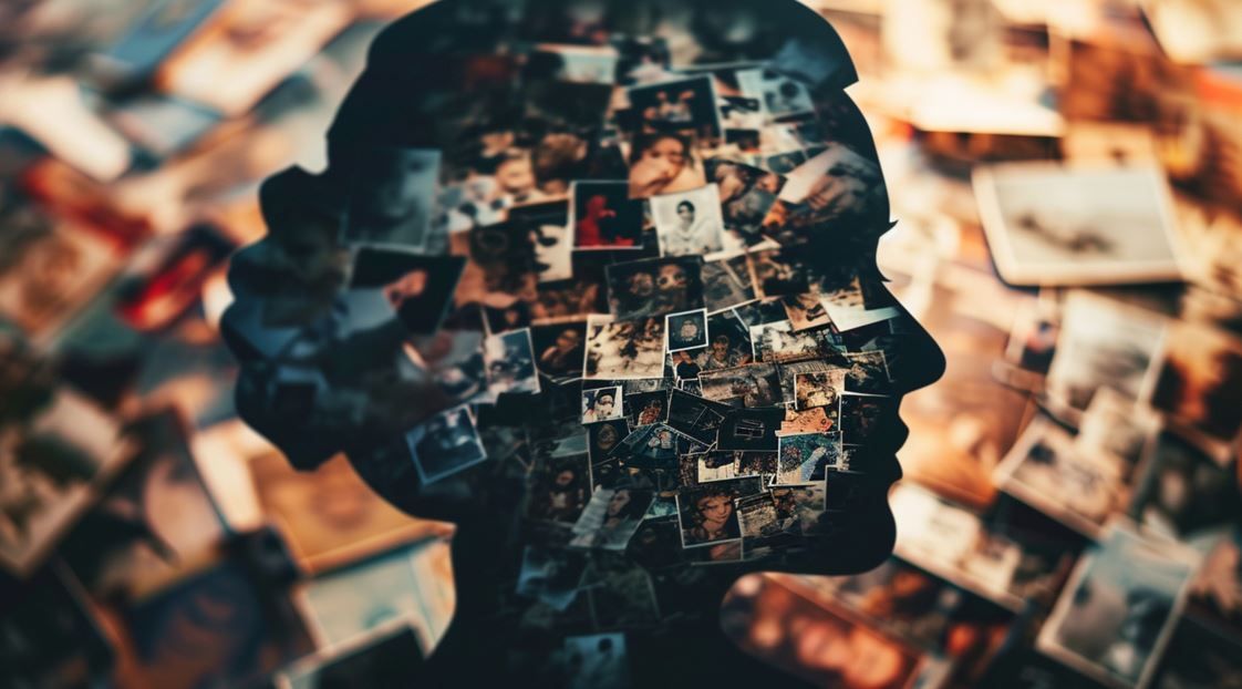 Silueta de una cabeza rellena de un collage de fotografías, fondo de más fotos.