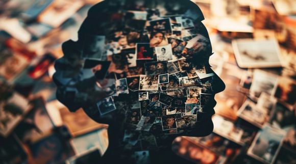 Silueta de una cabeza rellena de un collage de fotografías, fondo de más fotos.