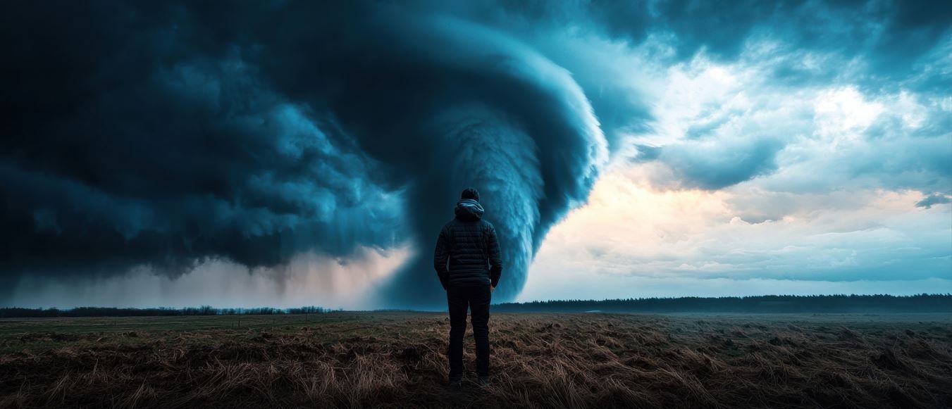Una persona se encuentra frente a un tornado masivo en un campo. Nubes oscuras y arremolinadas llenan el cielo.