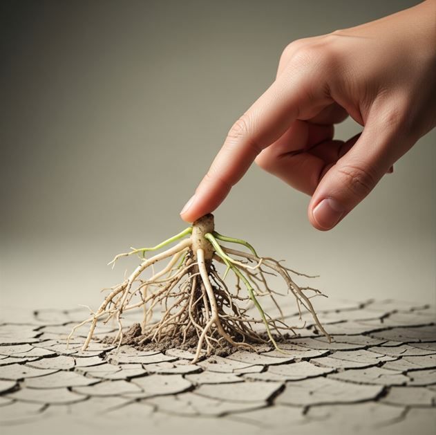 Mano tocando las raíces de una planta en tierra agrietada.